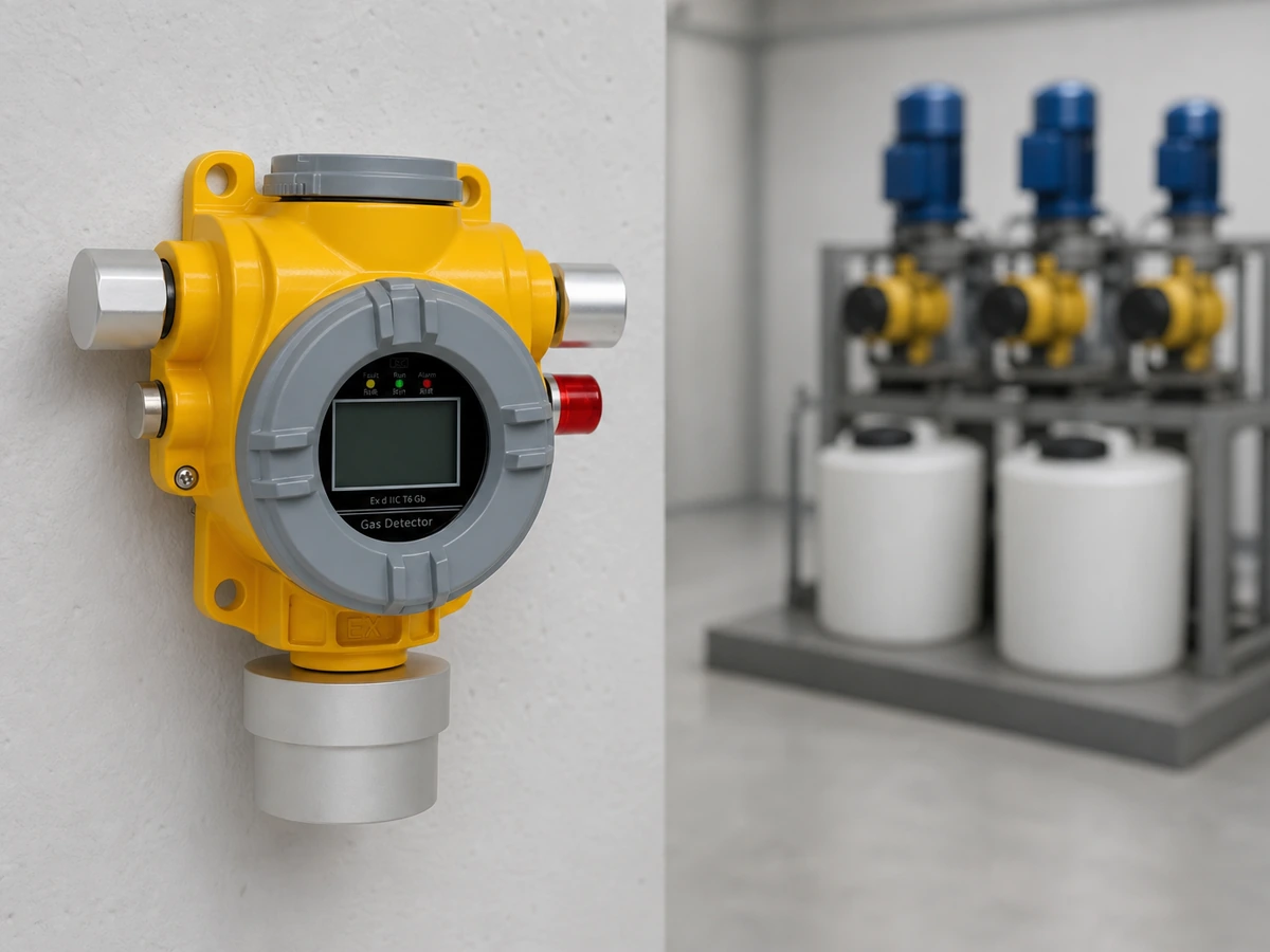 Fixed gas detectors monitoring a water treatment chemical dosing room